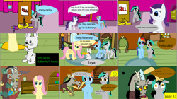 Size: 3867x2170 | Tagged: safe, artist:mellowbomb, character:angel bunny, character:discord, character:fluttershy, character:rainbow dash, character:rarity, oc, oc:closingrain, oc:doctor dextor wise, comic:calamity fateful, 1000 hours in ms paint, dialogue