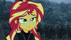 Size: 1262x712 | Tagged: safe, artist:aboimages03, character:sunset shimmer, my little pony:equestria girls, clothing, crossover, female, forest, game of thrones, solo