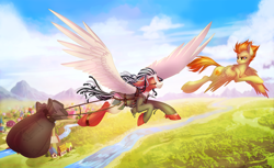 Size: 1500x917 | Tagged: safe, artist:limreiart, oc, oc only, oc:physalis, oc:scrappy rug, species:pegasus, species:pony, cheek fluff, duo, flying, mountain, mountain range, not spitfire, river, scenery, unshorn fetlocks