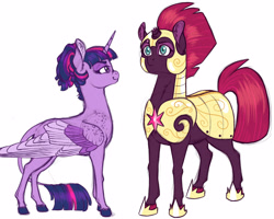 Size: 2500x2000 | Tagged: safe, artist:gigason, character:tempest shadow, character:twilight sparkle, character:twilight sparkle (alicorn), species:alicorn, species:pony, species:unicorn, my little pony: the movie (2017), colored hooves, duo, ear fluff, female, leonine tail, lidded eyes, mare, royal guard, simple background, smiling, tempest becomes a royal guard, white background