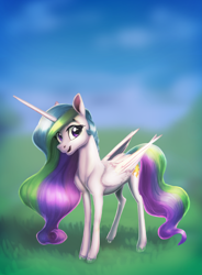 Size: 2453x3324 | Tagged: safe, artist:nadnerbd, character:princess celestia, species:alicorn, species:pony, female, grass, horn, looking at you, mare, sky, smiling, solo, wings