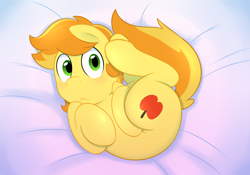 Size: 2000x1400 | Tagged: safe, artist:acstlu, character:braeburn, species:earth pony, species:pony, bed, blushing, braebetes, curled up, cute, frown, looking at you, male, on back, solo, stallion, stupid sexy braeburn, wide eyes, worried