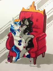 Size: 1018x1360 | Tagged: safe, artist:scootiegp, character:king sombra, character:shining armor, species:pony, species:unicorn, ship:shiningsombra, alcohol, armchair, bedroom eyes, bottle, chair, cork, crown, gay, glass, grin, holding, hug, infidelity, jewelry, looking at each other, male, plug, regalia, shadow, shipping, simple background, sitting, sitting on pony, smiling, stallion, throne, traditional art, white background, wine