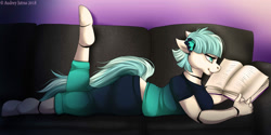 Size: 2000x1000 | Tagged: safe, artist:fur-what-loo, character:coco pommel, oc, oc:cocobot, species:anthro, species:unguligrade anthro, book, clothing, couch, female, prone, reading, robot, smiling, solo