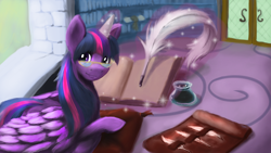 Size: 1024x576 | Tagged: safe, artist:shamziwhite, character:twilight sparkle, character:twilight sparkle (alicorn), species:alicorn, species:pony, book, bookshelf, feather, female, glasses, inkwell, library, pillow, quill, quill pen, reading, solo