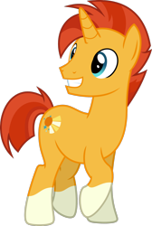 Size: 1600x2381 | Tagged: safe, artist:chainchomp2 edit, character:sunburst, species:pony, species:unicorn, episode:the cutie re-mark, cute, grin, looking back, male, older, raised hoof, raised leg, shaved, simple background, smiling, socks (coat marking), solo, sunbetes, transparent background, vector, we don't normally wear clothes