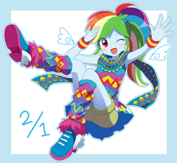 Size: 2150x1975 | Tagged: safe, artist:ryuu, character:rainbow dash, equestria girls:legend of everfree, g4, my little pony: equestria girls, my little pony:equestria girls, anime, blushing, boots, camp fashion show outfit, clothing, cute, dashabetes, female, geometric, one eye closed, open mouth, ponytail, scarf, shoes, shorts, skirt, solo, sweet dreams fuel, tights, wings, wink, wristband