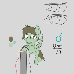 Size: 4000x4000 | Tagged: safe, artist:lofis, oc, oc:ohm, species:pony, confident, electricity, flying, male, male symbol, mechanical claw, omega, reference sheet, signature, smiling, stallion, technical illustration, wires
