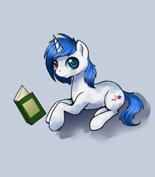 Size: 992x1133 | Tagged: safe, artist:ghst-qn, artist:schasti, oc, oc only, species:pony, species:unicorn, book, heterochromia, looking at you, male, prone, simple background, smiling, solo, stallion