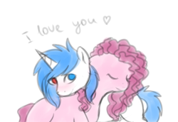 Size: 822x566 | Tagged: safe, artist:ghst-qn, artist:schasti, character:pinkie pie, oc, species:earth pony, species:pony, species:unicorn, blushing, canon x oc, dialogue, eyes closed, female, heart, heterochromia, male, shipping, smiling, straight