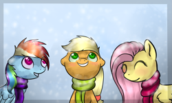 Size: 1229x737 | Tagged: safe, artist:ghst-qn, artist:schasti, character:applejack, character:fluttershy, character:rainbow dash, species:earth pony, species:pegasus, species:pony, clothing, eyes closed, female, grin, looking up, mare, scarf, smiling, snow, snowfall, winter