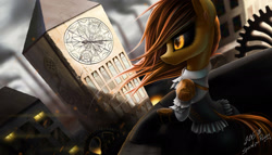 Size: 1944x1111 | Tagged: safe, artist:zigword, oc, oc only, species:pony, black sclera, city, clock tower, clothing, commission, female, mare, signature, solo, steampunk, windswept mane