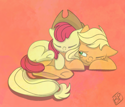 Size: 3500x3000 | Tagged: safe, artist:glitterstar2000, character:apple bloom, character:applejack, species:earth pony, species:pony, accessory swap, adorabloom, clothing, cowboy hat, cute, eyes closed, female, filly, hat, jackabetes, mare, one eye closed, pony pillow, prone, sisters, sleeping, smiling, stetson