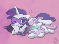 Size: 3500x2600 | Tagged: safe, artist:glitterstar2000, character:rarity, character:sweetie belle, species:pony, species:unicorn, cute, duo, female, filly, horn, lying down, mare, mask, pillow, simple background, sisters, sleep mask, sleeping, smiling, zzz