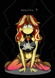 Size: 2098x2977 | Tagged: safe, artist:traupa, character:sunset shimmer, species:anthro, equestria girls:forgotten friendship, g4, my little pony: equestria girls, my little pony:equestria girls, belly button, black background, breasts, busty sunset shimmer, clothing, female, horn, looking at you, midriff, sad, simple background, solo, swimsuit