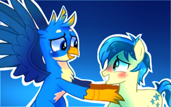Size: 873x548 | Tagged: safe, artist:s1nb0y, character:gallus, character:sandbar, species:griffon, ship:gallbar, episode:school daze, g4, my little pony: friendship is magic, blushing, gay, interspecies, male, shipping, smiling, teenager