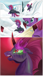Size: 2400x4200 | Tagged: safe, artist:firimil, character:tempest shadow, species:pony, species:unicorn, my little pony: the movie (2017), broken horn, cloak, clothing, colored horn, comic, curved horn, dark magic, disembodied horn, eye scar, female, horn, implied king sombra, magic, mare, possessed, possession, scar, snow, sombra eyes, sombra's horn, tempest gets her horn back, tempest with sombra's horn, this will not end well