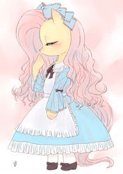 Size: 1000x1414 | Tagged: safe, artist:yanamosuda, character:fluttershy, species:pegasus, species:pony, bipedal, blushing, bow, clothing, cute, dress, eyes closed, female, hair bow, lidded eyes, lolita fashion, mare, shyabetes, solo