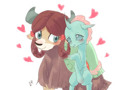Size: 1000x707 | Tagged: safe, artist:yanamosuda, character:ocellus, character:yona, species:changeling, species:reformed changeling, species:yak, episode:school daze, g4, my little pony: friendship is magic, blushing, cute, diaocelles, female, heart, lesbian, monkey swings, shipping, simple background, white background, yonadorable, yonellus