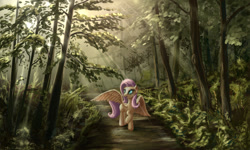 Size: 1280x768 | Tagged: safe, artist:stratodraw, character:fluttershy, species:pegasus, species:pony, crepuscular rays, female, forest, mare, open mouth, raised hoof, smiling, solo, sunlight, tree