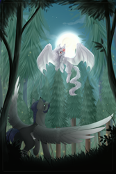 Size: 2000x3000 | Tagged: safe, artist:monogy, oc, oc only, species:bat pony, species:pegasus, species:pony, bat pony oc, female, flower, flower in hair, forest, full moon, looking at each other, male, mare, moon, night, pale belly, smiling, stallion, tree