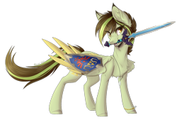 Size: 1390x940 | Tagged: safe, artist:monogy, oc, oc:akane, species:pegasus, species:pony, female, hylian shield, mare, master sword, mouth hold, simple background, solo, sword, the legend of zelda, transparent background, weapon