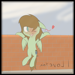 Size: 4000x4000 | Tagged: safe, artist:lofis, oc, oc:mint chocolate, species:pegasus, species:pony, blushing, brick wall, female, flirting, hanging, heart, looking at you, mare, message, one eye closed, signature, smiling, solo, text, window, wink