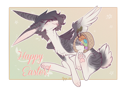 Size: 1610x1140 | Tagged: safe, artist:monogy, oc, oc:monogy, basket, easter, easter bunny, female, holiday, pale belly, paws, rabbit pony, simple background, solo, species swap, tongue out, transparent background, underpaw