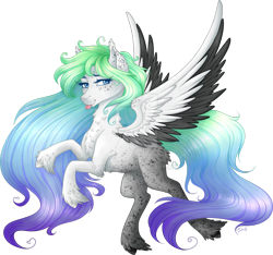 Size: 1024x957 | Tagged: safe, artist:tinuleaf, oc, oc only, oc:akemi, species:pegasus, species:pony, chest fluff, colored wings, colored wingtips, ear fluff, female, fluffy, flying, gradient hair, leg fluff, looking at you, mare, multicolored hair, simple background, solo, spread wings, tongue out, transparent background, unshorn fetlocks, watermark, wings