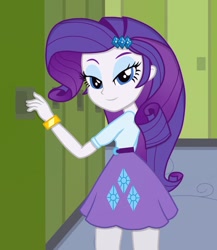 Size: 833x958 | Tagged: safe, artist:tabrony23, character:rarity, species:human, my little pony:equestria girls, beautiful, beautisexy, bedroom eyes, belt, bracelet, clothing, female, hairpin, jewelry, lidded eyes, lockers, looking at you, sexy, skirt, smiling, smirk, solo, stupid sexy rarity