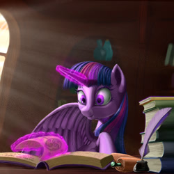 Size: 415x415 | Tagged: safe, artist:stratodraw, character:twilight sparkle, character:twilight sparkle (alicorn), species:alicorn, species:pony, book, commission, female, glowing horn, golden oaks library, magic, mare, quill, smiling, that pony sure does love books