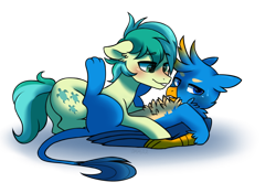 Size: 1066x746 | Tagged: safe, alternate version, artist:s1nb0y, character:gallus, character:sandbar, species:earth pony, species:griffon, species:pony, ship:gallbar, episode:school daze, g4, my little pony: friendship is magic, blushing, chest fluff, cutie mark, duo, gay, interspecies, looking away, lying on top of someone, male, paws, plot, shading, shipping, simple background, transparent background