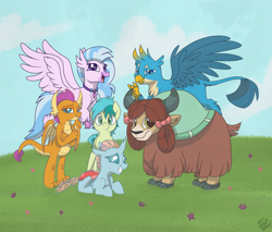 Size: 4700x4000 | Tagged: safe, artist:glitterstar2000, character:gallus, character:ocellus, character:sandbar, character:silverstream, character:smolder, character:yona, species:changeling, species:classical hippogriff, species:dragon, species:earth pony, species:griffon, species:hippogriff, species:pony, species:reformed changeling, species:yak, episode:school daze, g4, my little pony: friendship is magic, alternate mane six, female, looking at you, male, mane six opening poses, monkey swings, stallion, student six