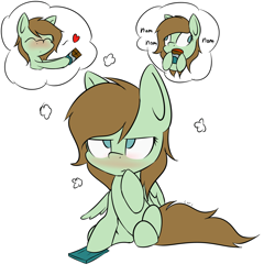 Size: 4000x4000 | Tagged: safe, artist:lofis, oc, oc:mint chocolate, species:pegasus, species:pony, blushing, derp, dialogue, eating, female, looking at something, mare, serious, serious face, sharing, signature, sitting, solo, thinking, thought bubble