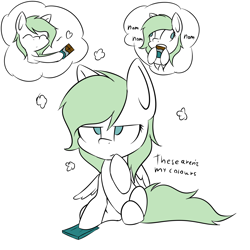 Size: 4000x4000 | Tagged: safe, alternate version, artist:lofis, oc, oc:emerald jewel, species:pegasus, species:pony, chocolate, derp, dialogue, eating, food, looking at something, serious, serious face, sharing, solo, thought bubble