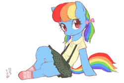 Size: 1800x1200 | Tagged: safe, artist:yanamosuda, character:rainbow dash, species:pegasus, species:pony, alternate hairstyle, blushing, clothing, cute, dashabetes, female, looking at you, mare, moe, pigtails, plaid, plaid skirt, pleated skirt, rainbow dash always dresses in style, ribbon, semi-anthro, shirt, simple background, sitting, skirt, socks, solo, suspenders, twintail, white background