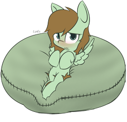 Size: 2370x2288 | Tagged: safe, artist:lofis, oc, oc:mint chocolate, species:pegasus, species:pony, beanbag chair, blushing, embarrassed, female, looking at you, lying down, lying on beanbag, mare, sexy, simple background, solo, spread wings, text, transparent background, wings