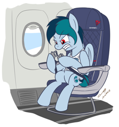 Size: 900x960 | Tagged: safe, artist:buckweiser, oc, oc:delta vee, species:pegasus, species:pony, airline, angry, delta airlines, female, mare, plane, pun, sitting, sketch
