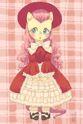 Size: 1200x1800 | Tagged: safe, artist:yanamosuda, character:fluttershy, species:pegasus, species:pony, bipedal, blushing, clothing, dress, female, frilly dress, hat, lolita fashion, looking at you, mare, shoes, solo