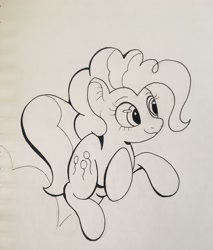 Size: 3024x3556 | Tagged: safe, artist:stammis, character:pinkie pie, species:pony, female, high res, monochrome, skipping, smiling, solo, traditional art