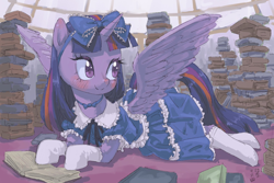 Size: 1800x1200 | Tagged: safe, artist:yanamosuda, character:twilight sparkle, character:twilight sparkle (alicorn), species:alicorn, species:pony, blushing, book, bow, clothing, cute, dome, dress, female, frilly dress, hair bow, horn, lolita fashion, looking back, mare, prone, socks, twiabetes, wings