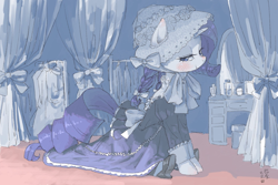 Size: 1800x1200 | Tagged: safe, artist:yanamosuda, character:rarity, species:pony, species:unicorn, blushing, bonnet, braid, clothing, curtain, curtains, dress, dresser, female, frilly dress, hair ribbon, hat, lolita fashion, looking at you, mare, pigtails, prone, shoes, smiling, solo, twin braids