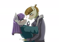 Size: 1954x1388 | Tagged: safe, artist:traupa, character:boulder, character:maud pie, character:mudbriar, species:anthro, species:earth pony, species:pony, ship:maudbriar, episode:the maud couple, g4, my little pony: friendship is magic, blushing, clothing, cute, female, floating heart, heart, looking at each other, male, profile, shipping, simple background, smiling, straight, when he smiles, when she smiles, white background