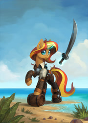 Size: 1962x2727 | Tagged: safe, artist:asimos, character:sunset shimmer, species:pony, species:unicorn, beach, female, glowing horn, magic, mare, ocean, pirate, pirate sunset, raised hoof, rock, sand, shimmer me timbers, solo, sword, telekinesis, water, weapon