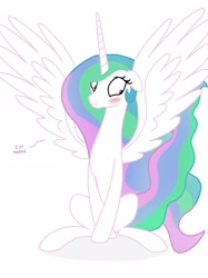 Size: 2048x2732 | Tagged: safe, artist:justsomepainter11, character:princess celestia, species:alicorn, species:pony, blushing, captain obvious, cute, cutelestia, embarrassed, ethereal mane, eyelashes, female, floppy ears, flowing mane, flowing tail, looking away, mare, missing accessory, multicolored hair, purple eyes, royalty, simple background, solo, spread wings, we don't normally wear clothes, white background, wings