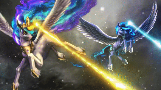 Size: 540x304 | Tagged: safe, artist:bra1neater, artist:equum_amici, character:princess celestia, character:princess luna, species:alicorn, species:pony, species:umbrum, episode:the crystalling, g4, my little pony: friendship is magic, absurd file size, absurd gif size, animated, badass, beam, blinking, blizzard, cinemagraph, cloud, crystal empire, duo, epic, female, flapping, flying, frown, gif, glare, glowing mane, gritted teeth, magic blast, mare, painting, royal sisters, scene interpretation, snow, snowfall, spread wings, unshorn fetlocks, wind, windswept mane, wings