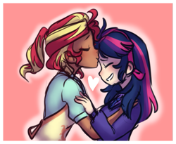 Size: 609x499 | Tagged: safe, artist:s1nb0y, character:sunset shimmer, character:twilight sparkle, species:human, ship:sunsetsparkle, my little pony:equestria girls, apron, clothing, female, forehead kiss, heart, humanized, kissing, lesbian, moderate dark skin, pink background, shipping, simple background, sweater