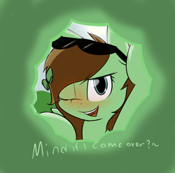 Size: 2094x2080 | Tagged: safe, artist:lofis, oc, oc:mint chocolate, species:pegasus, species:pony, bow, confident, cute, dialogue, female, hot day, mare, one eye closed, sexy, shading, solo, sun, sunglasses, wink