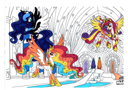 Size: 2338x1654 | Tagged: safe, artist:s1nb0y, character:princess cadance, character:princess celestia, character:princess luna, species:pony, alicorn triarchy, coloring book, marker, traditional art