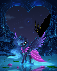 Size: 3000x3750 | Tagged: safe, artist:duskie-06, character:princess luna, species:alicorn, species:pony, canterlot, canterlot castle, clothing, crescent moon, crown, digital art, dress, female, flower, glow, horn, jewelry, looking at you, lotus (flower), mare, moon, mountain, night, pond, reflection, regalia, signature, solo, stars, water, wings